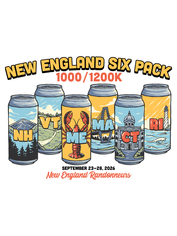 Six Pack logo of six cans labeled with the 6 states (MA, NH, ME, VT, RI, CT) the ride passes through.
